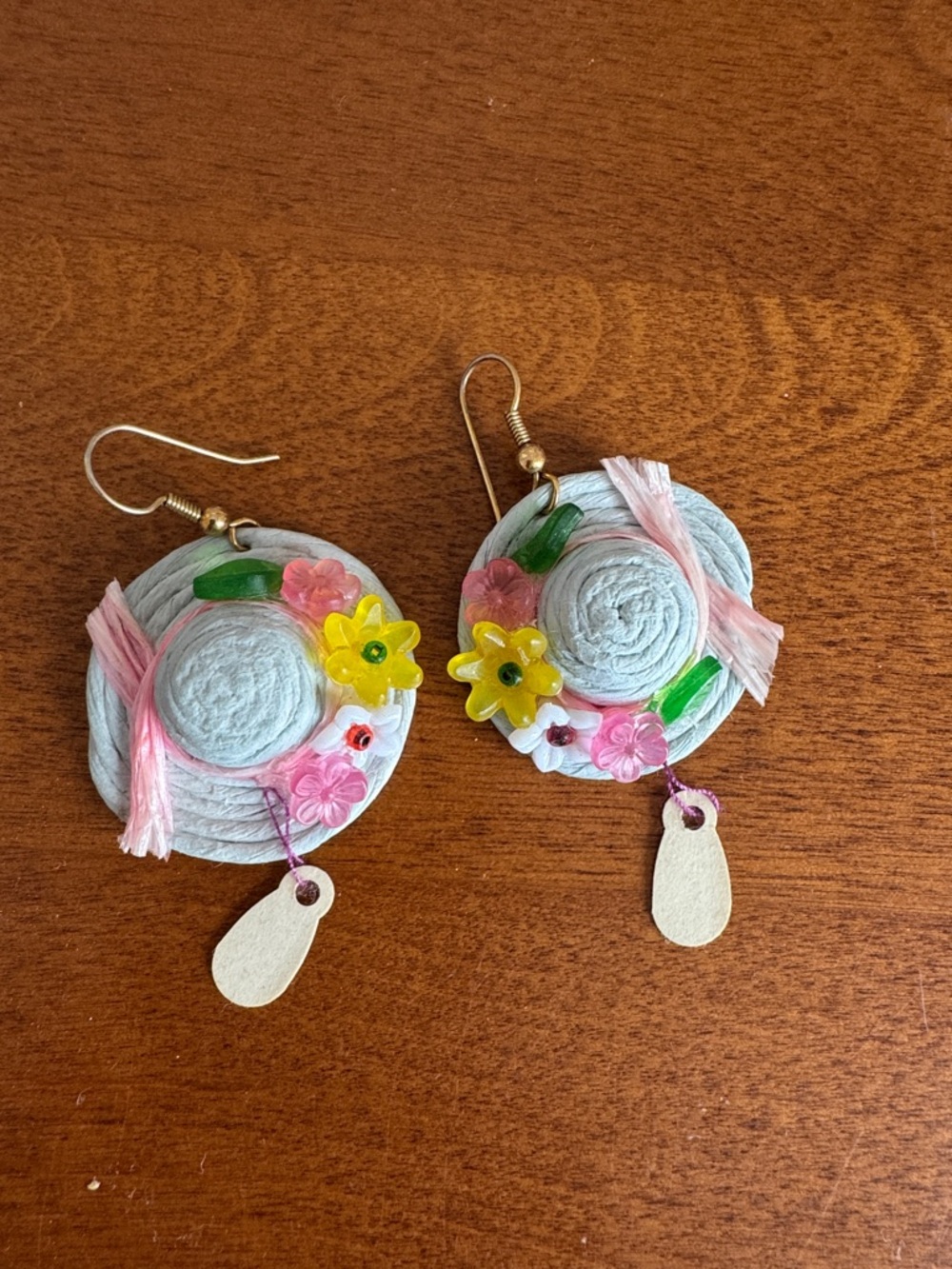 “Minie Pearl” Handmade Floral Straw Circle Earrings with Pink and Yellow Accents